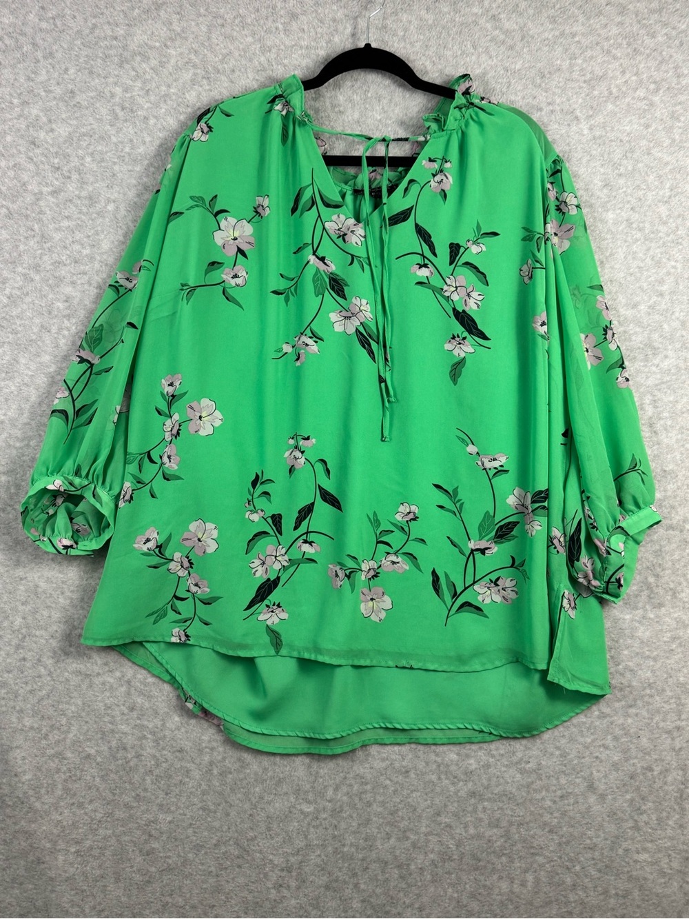 Grace 3X Green Floral Blouse Tie Neck Long Sleeve Chiffon Plus Size